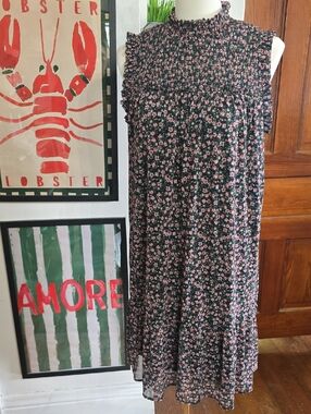 Maurices Black Midi Skirt with Pink Floral Ditsy Print Smocked Bodice